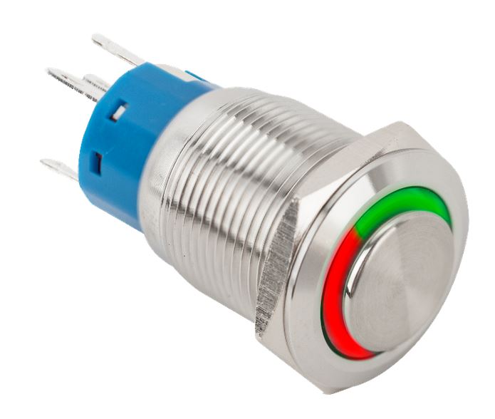 Nyomógomb 16mm-es furathoz, NO/NC, piros-zöld LED, PB-16-NONC(LED)-rdgn